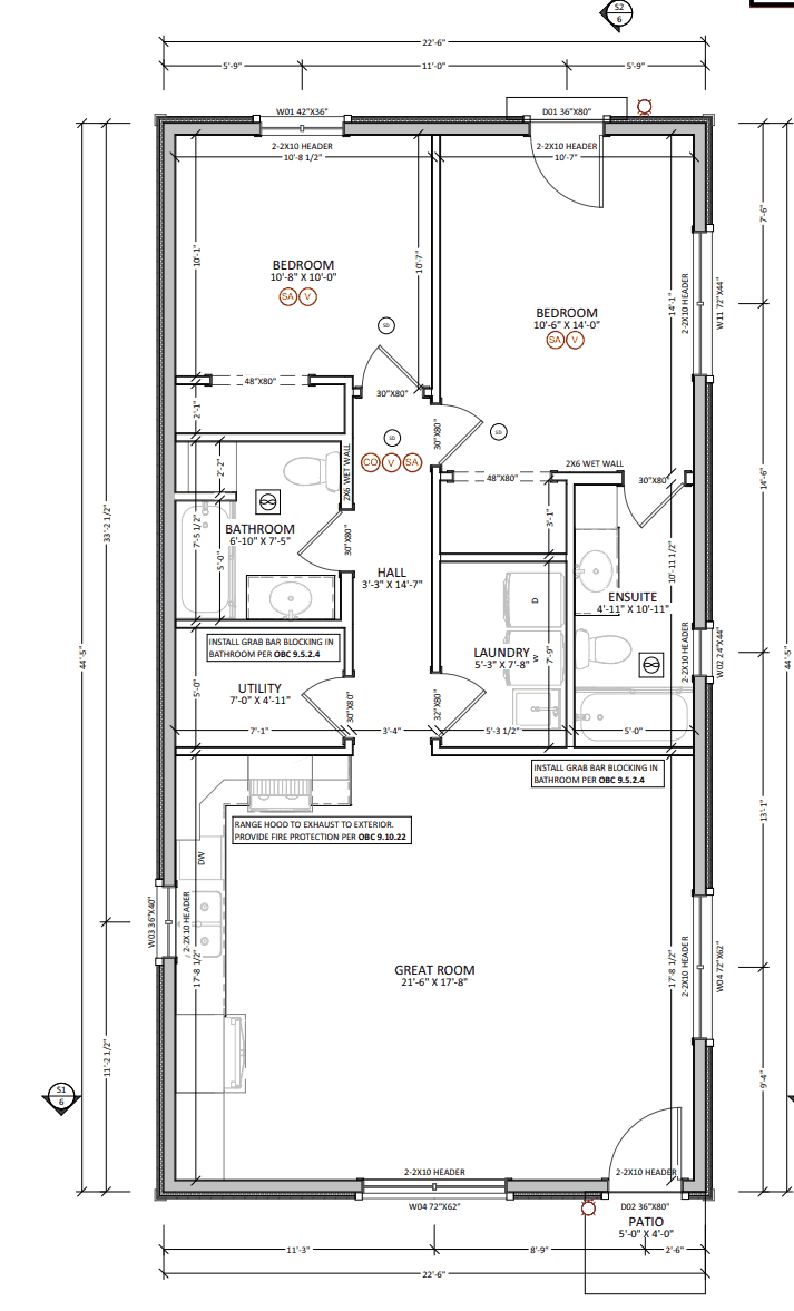 Floor plan of the Erie Street accessory residential unit: two bedrooms, ensuite, bathroom, laundry, utility and a great room