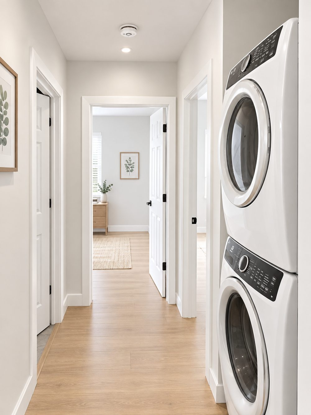 The hallway with in-suite laundry